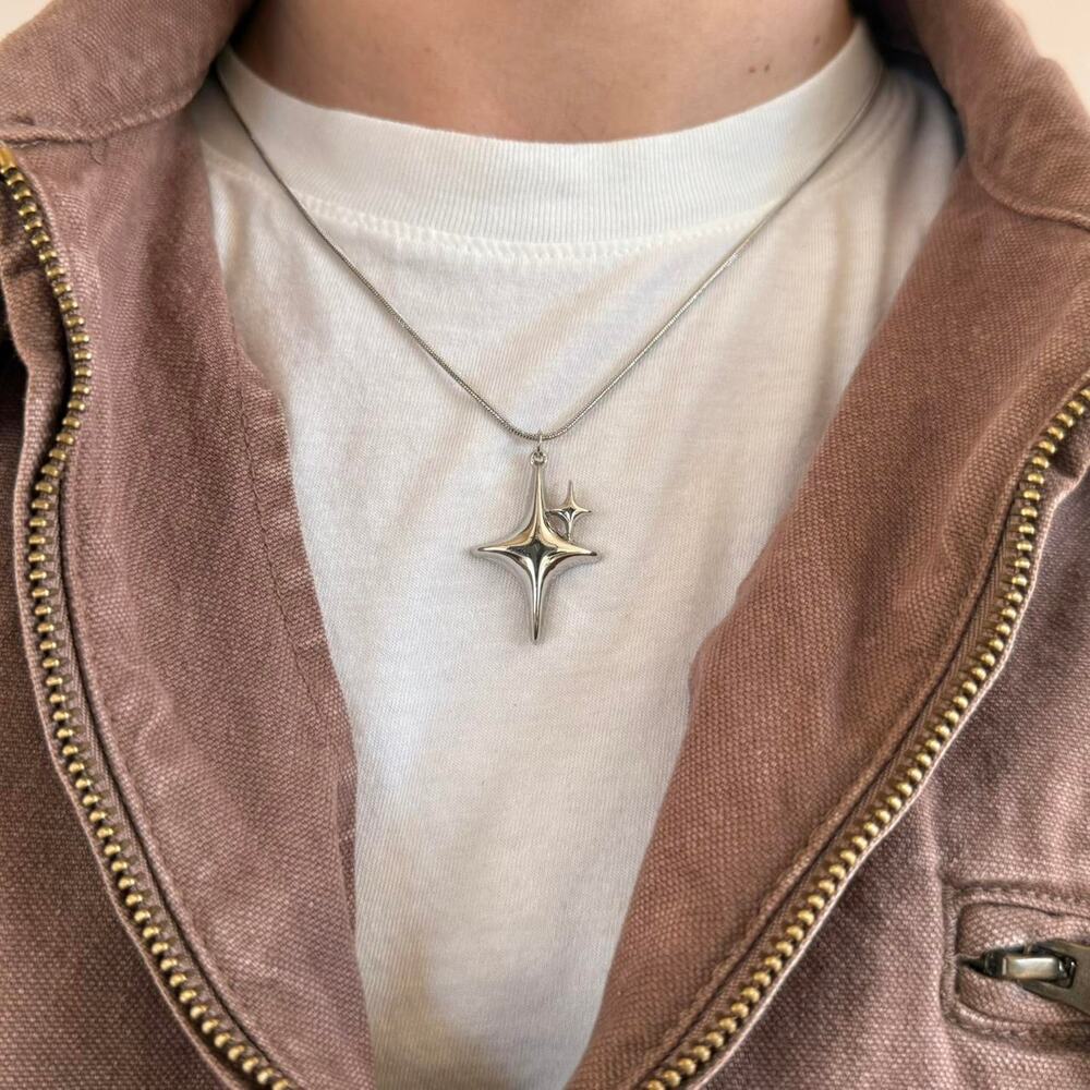 Y2K 2000s Silver Star Pendant Necklace Unisex Chain Jewelry New